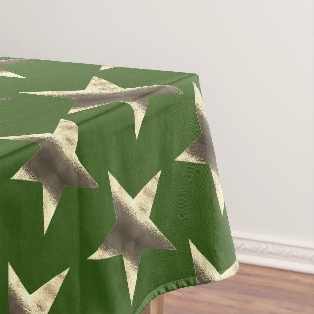 Rustic Green Brown Stars Pattern Festive Christmas Tablecloth (In Situ)