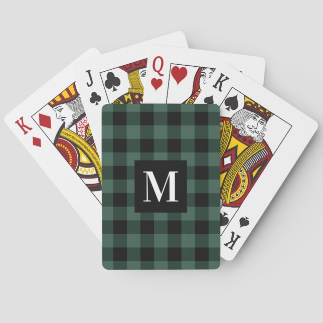 Rustic Green Buffalo Plaid Custom Monogram Playing Cards (Back)