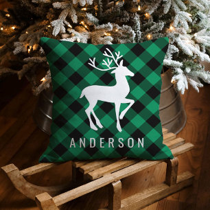 Rustic Green Buffalo Plaid Deer Christmas Monogram Cushion