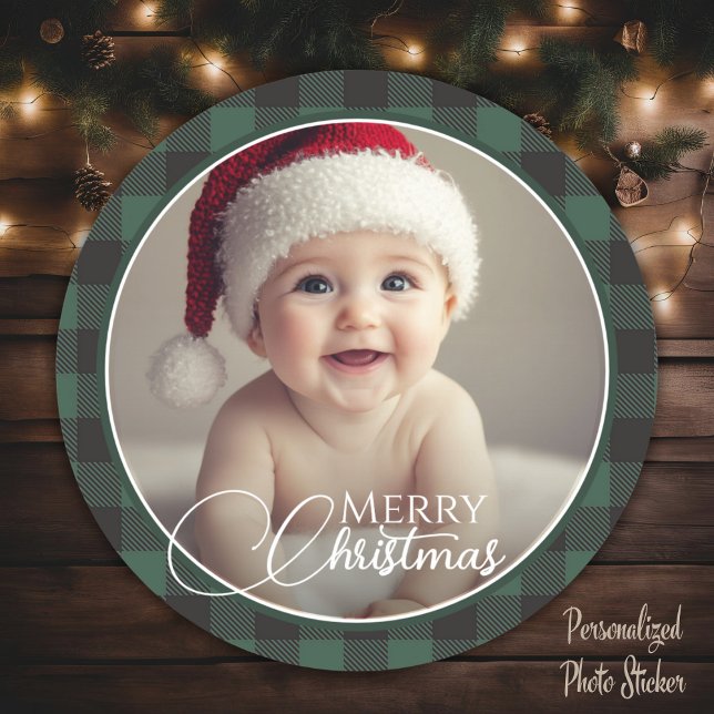 Rustic Green Buffalo Plaid Merry Christmas Photo Classic Round Sticker (Rustic Green Buffalo Plaid Merry Christmas Photo Classic Round Sticker)