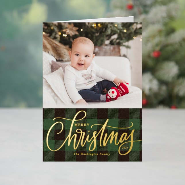 Rustic Green Buffalo Plaid Merry Christmas Photo Foil Holiday Card (Holiday In Situ)