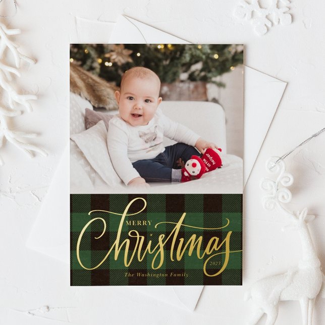 Rustic Green Buffalo Plaid Merry Christmas Photo Foil Holiday Card (Rustic Green Buffalo Plaid Pattern Merry Christmas Photo Foil Holiday Card)