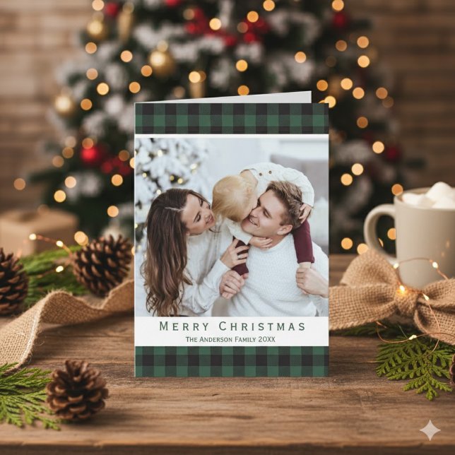 Rustic Green Buffalo Plaid Merry Christmas Photo Holiday Card (Rustic Green Buffalo Plaid Merry Christmas Photo Holiday Card)
