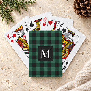 Rustic Green Buffalo Plaid Monogram Photo Playing Cards