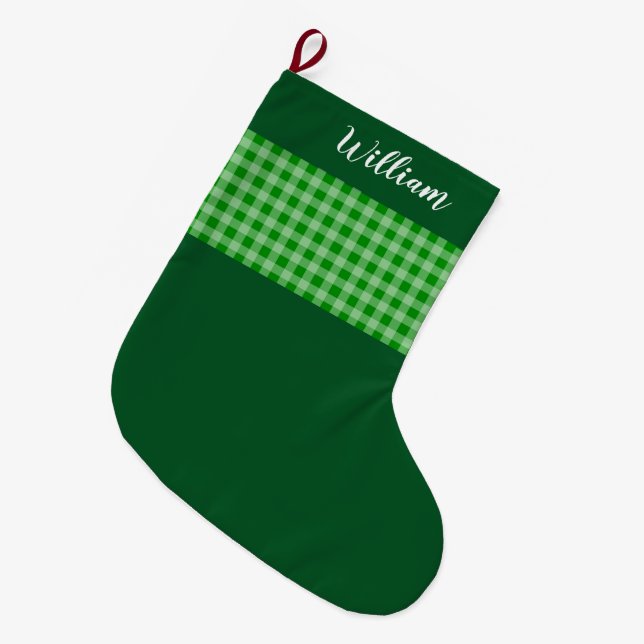 Rustic Green Buffalo Plaid Personalised Large Christmas Stocking (Front (Hanging))