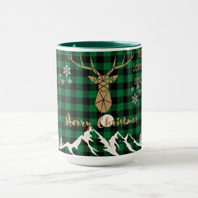 Rustic Green buffalo Plaid  Reindeer Christmas Mug (Center)