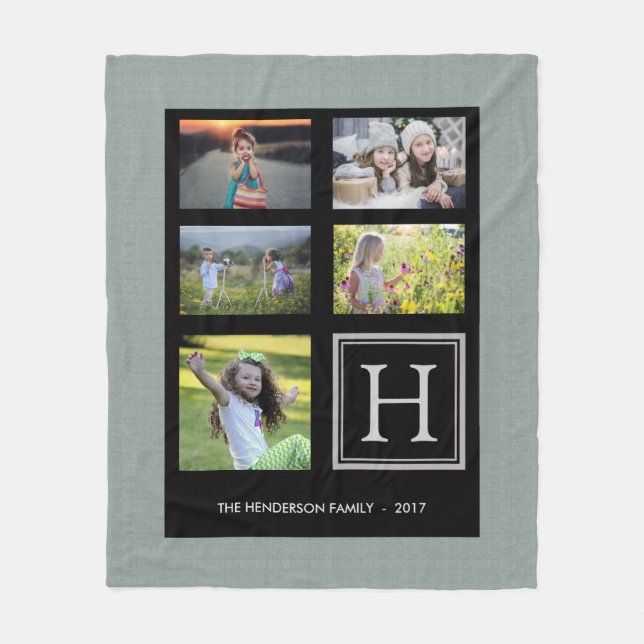 Rustic green burlap family monogram photo collage fleece blanket (Front)
