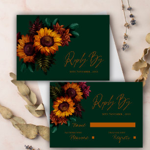Rustic Green Burnt Orange Floral Wedding RSVP Card