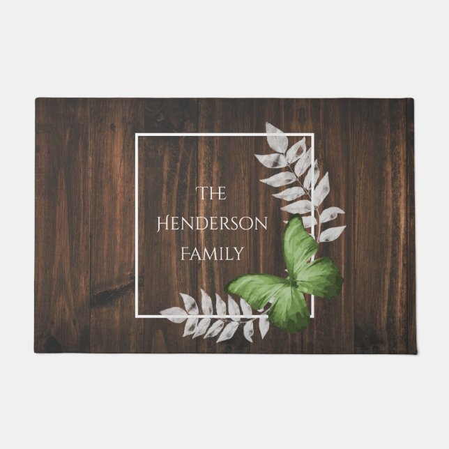 Rustic Green Butterfly Personalized Doormat (Front)