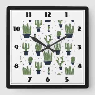 Rustic Green Cactus Desert Pattern Square Wall Clock