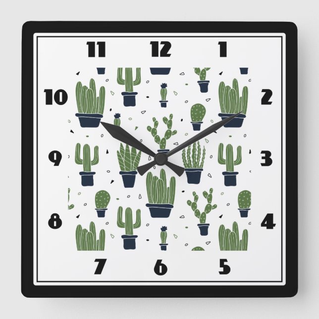 Rustic Green Cactus Desert Pattern Square Wall Clock (Front)