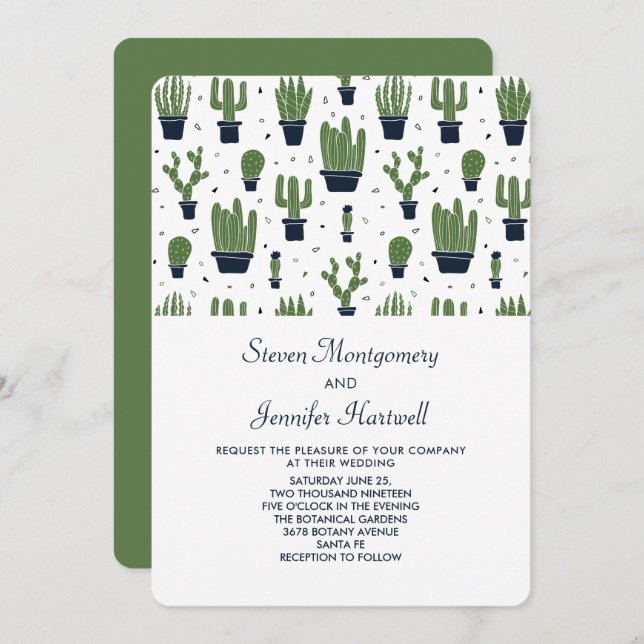 Rustic Green Cactus in Flower Pots Pattern Wedding Invitation (Front/Back)