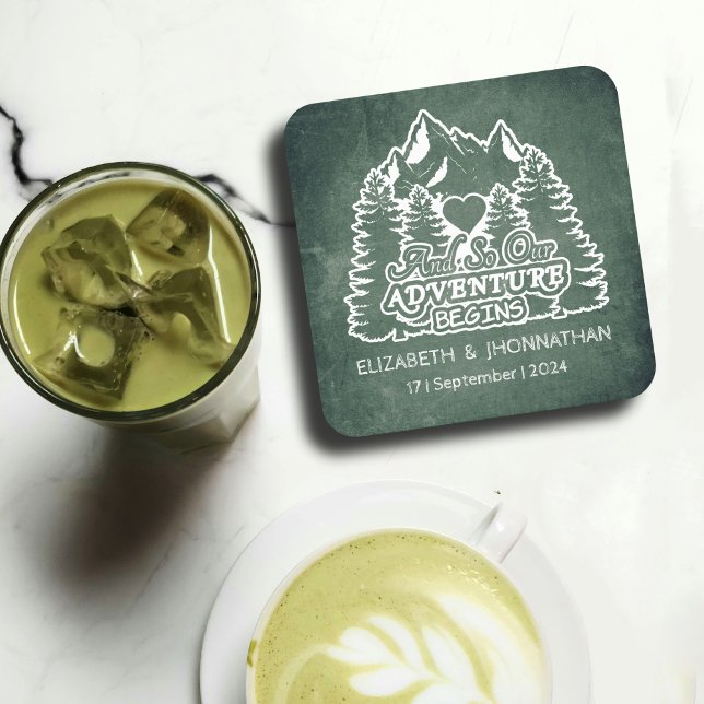 Rustic Green Chalkboard Pine tree Mountain Wedding Square Paper Coaster (Creator Uploaded)