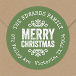 Rustic Green Christmas Circle Return Address Label<br><div class="desc">Affordable custom printed round return address stickers personalised with your family name and return address. This rustic modern holiday design features distressed MERRY CHRISTMAS lettering on a green background. Use the design tools to choose any background colour and edit text fonts and colours to further customise your own unique holiday...</div>