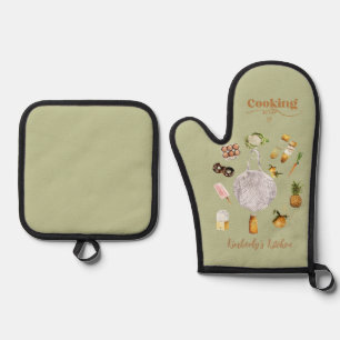Rustic Green Christmas Gift Grocery Watercolor Oven Mitt & Pot Holder Set