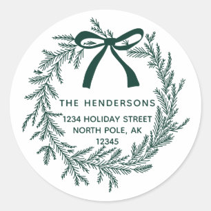 Rustic Green Christmas Pine Wreath Return Address  Classic Round Sticker