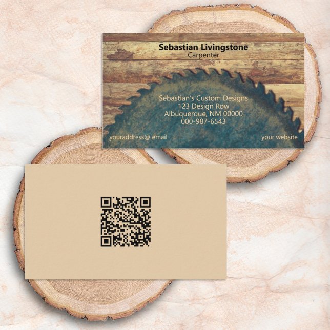 Rustic Green Circular Saw Carpentry QR Code Back Business Card (Creator Uploaded)
