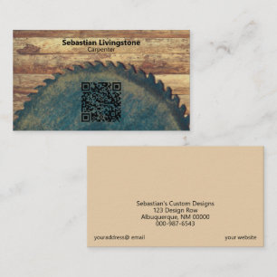 Rustic Green Circular Saw Carpentry QR Code Front  Business Card