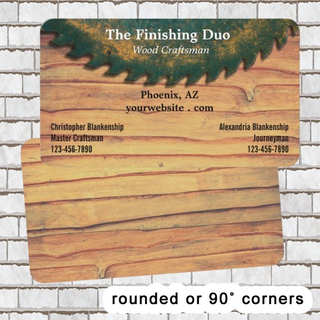 Rustic Green Circular Saw Woodworking Dual Names Business Card (The business card offers the template for two names and details.)