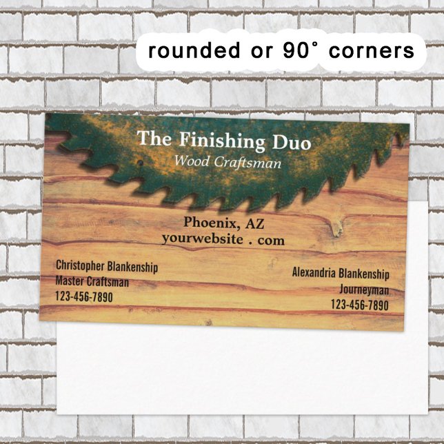 Rustic Green Circular Saw Woodworking Dual Names Business Card (This business card design offers dual names along the bottom corners. )
