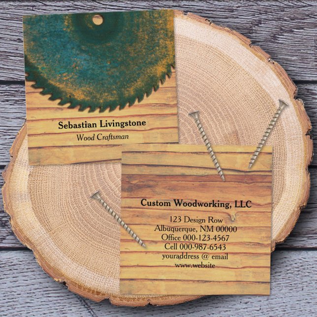 Rustic Green Circular Saw Woodworking Profession Square Business Card (Creator Uploaded)