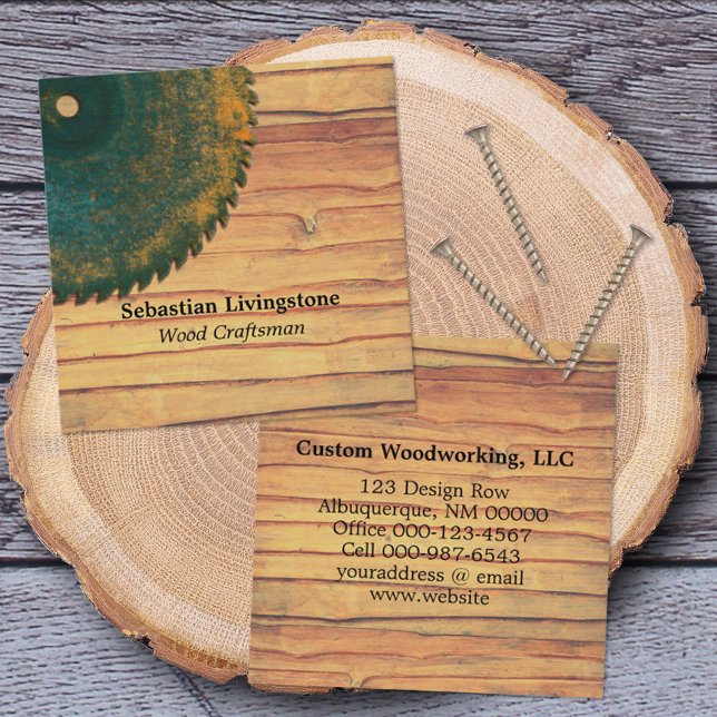 Rustic Green Circular Saw Woodworking Profession Square Business Card (Creator Uploaded)