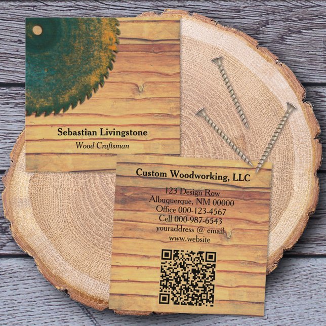 Rustic Green Circular Saw Woodworking Profession Square Business Card (Creator Uploaded)