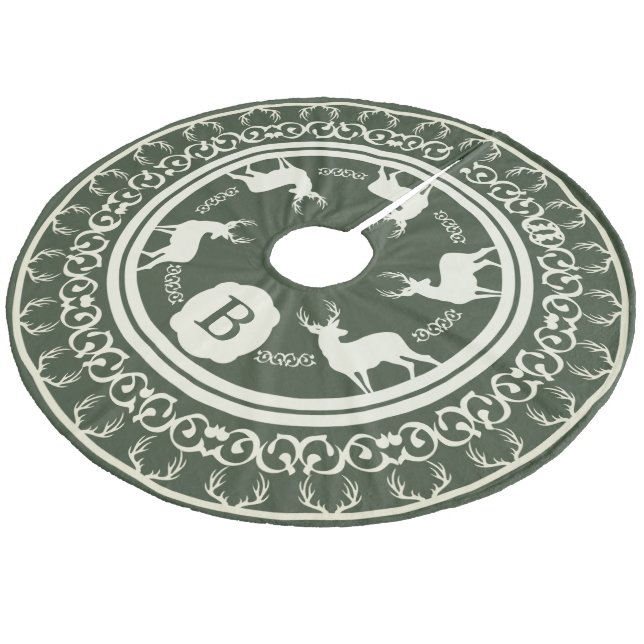 Rustic Green Deer Antlers and Bucks | Monogram Fleece Tree Skirt (Angled)