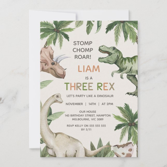Rustic Green Dinosaur Three Rex Birthday Invitation (Front)