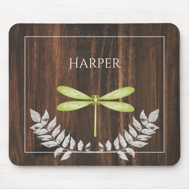 Rustic Green Dragonfly Personalised Mouse Pad (Front)
