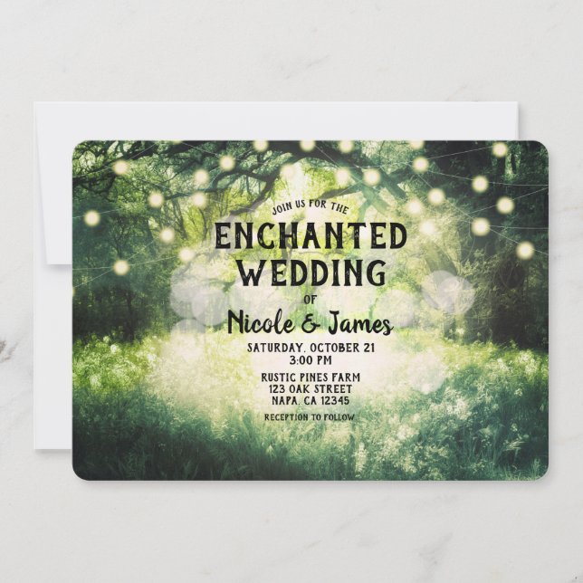 Rustic Green Enchanted Forest Lights Wedding   Invitation (Front)