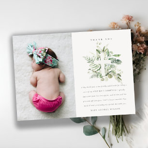 Rustic Green Eucalyptus Fauna Cross Photo Baptism Thank You Card