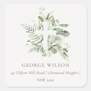Rustic Green Eucalyptus Fern Foliage Cross Address Square Sticker