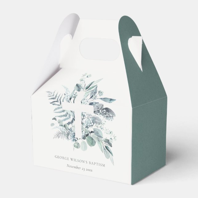 Rustic Green Eucalyptus Fern Foliage Cross Baptism Favour Box (Front Side)