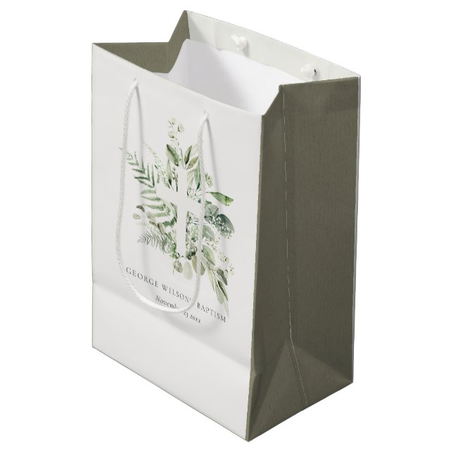 Rustic Green Eucalyptus Fern Foliage Cross Baptism Medium Gift Bag (Front Angled)