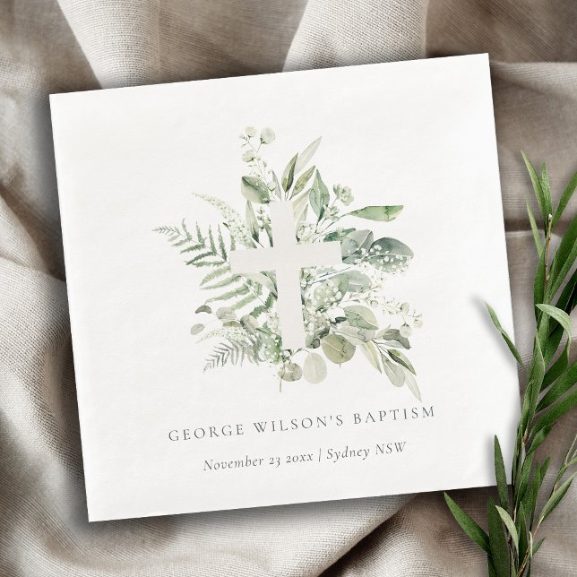 Rustic Green Eucalyptus Fern Foliage Cross Baptism Napkin (Creator Uploaded)