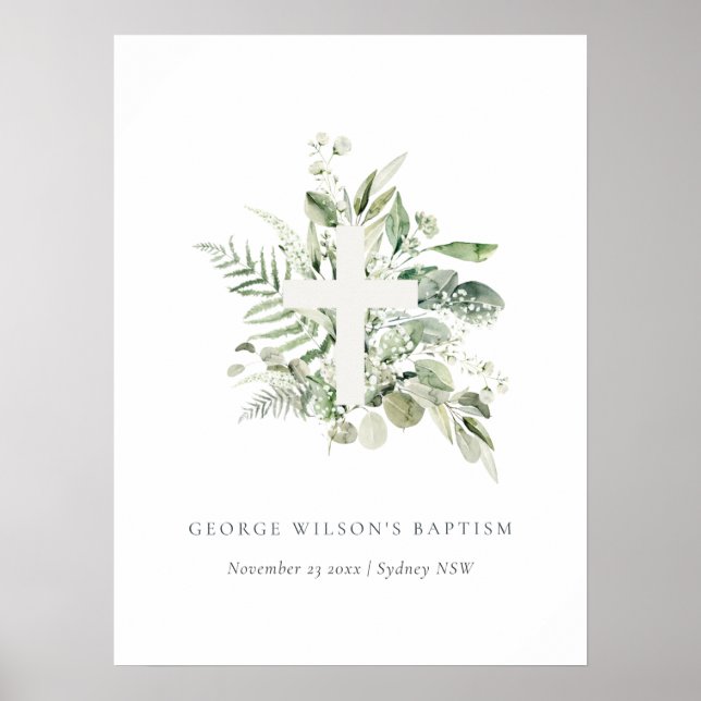 Rustic Green Eucalyptus Fern Foliage Cross Baptism Poster (Front)