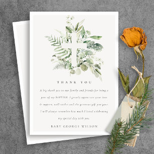 Rustic Green Eucalyptus Fern Foliage Cross Baptism Thank You Card