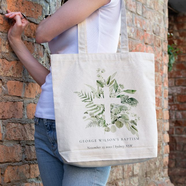 Rustic Green Eucalyptus Fern Foliage Cross Baptism Tote Bag (Creator Uploaded)