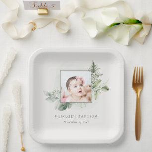 Rustic Green Eucalyptus Fern Foliage Photo Baptism Paper Plate