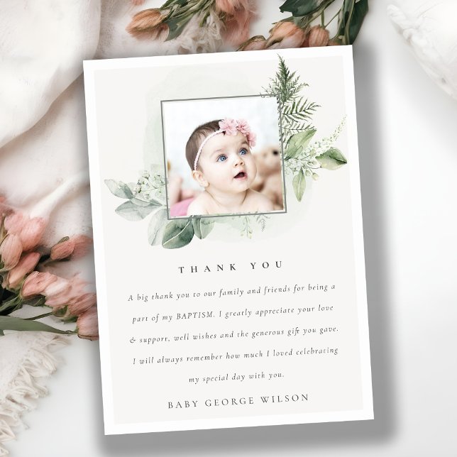 Rustic Green Eucalyptus Fern Foliage Photo Baptism Thank You Card (Creator Uploaded)