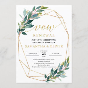 Rustic green eucalyptus gold frame vow renewal invitation