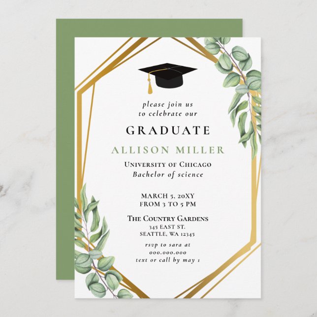 Rustic Green Eucalyptus Gold Geometric Graduation Invitation (Front/Back)