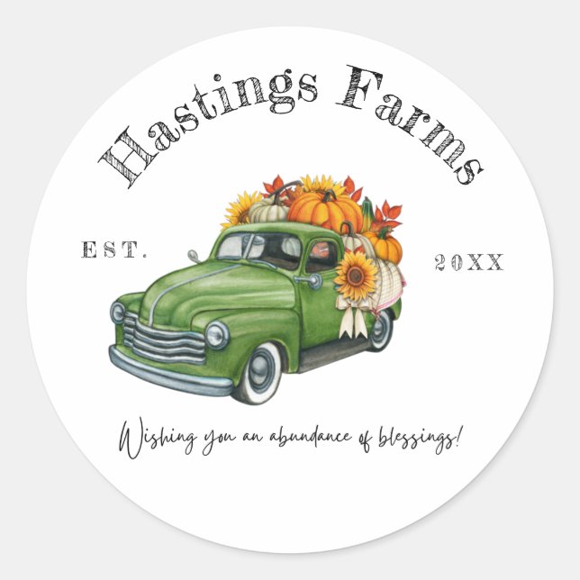Rustic Green Farm Truck Thanksgiving Harvest Class Classic Round Sticker (Front)