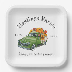 Rustic Green Farm Truck Thanksgiving Harvest Paper Paper Plate