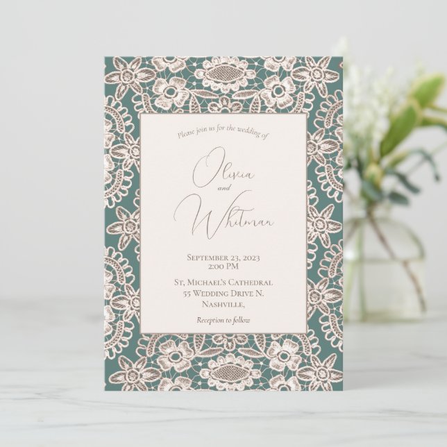 Rustic Green Faux Lace Wedding Invitations (Standing Front)