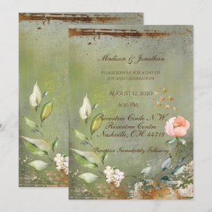 Rustic Green Floral Gold Script Wedding Invitation