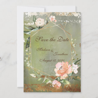 Rustic Green Floral Gold Script Wedding Save The Date