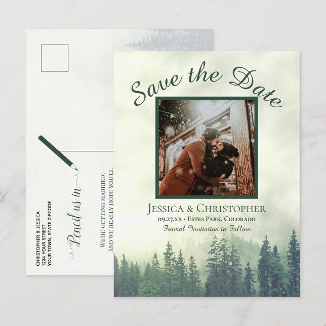Rustic Green Forest Wedding Save the Date Photo Announcement Postcard (Front/Back)
