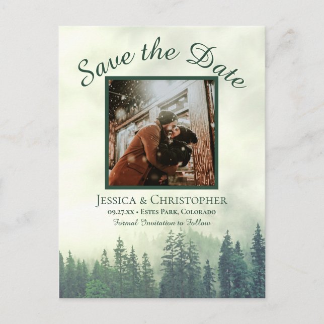 Rustic Green Forest Wedding Save the Date Photo Announcement Postcard (Front)